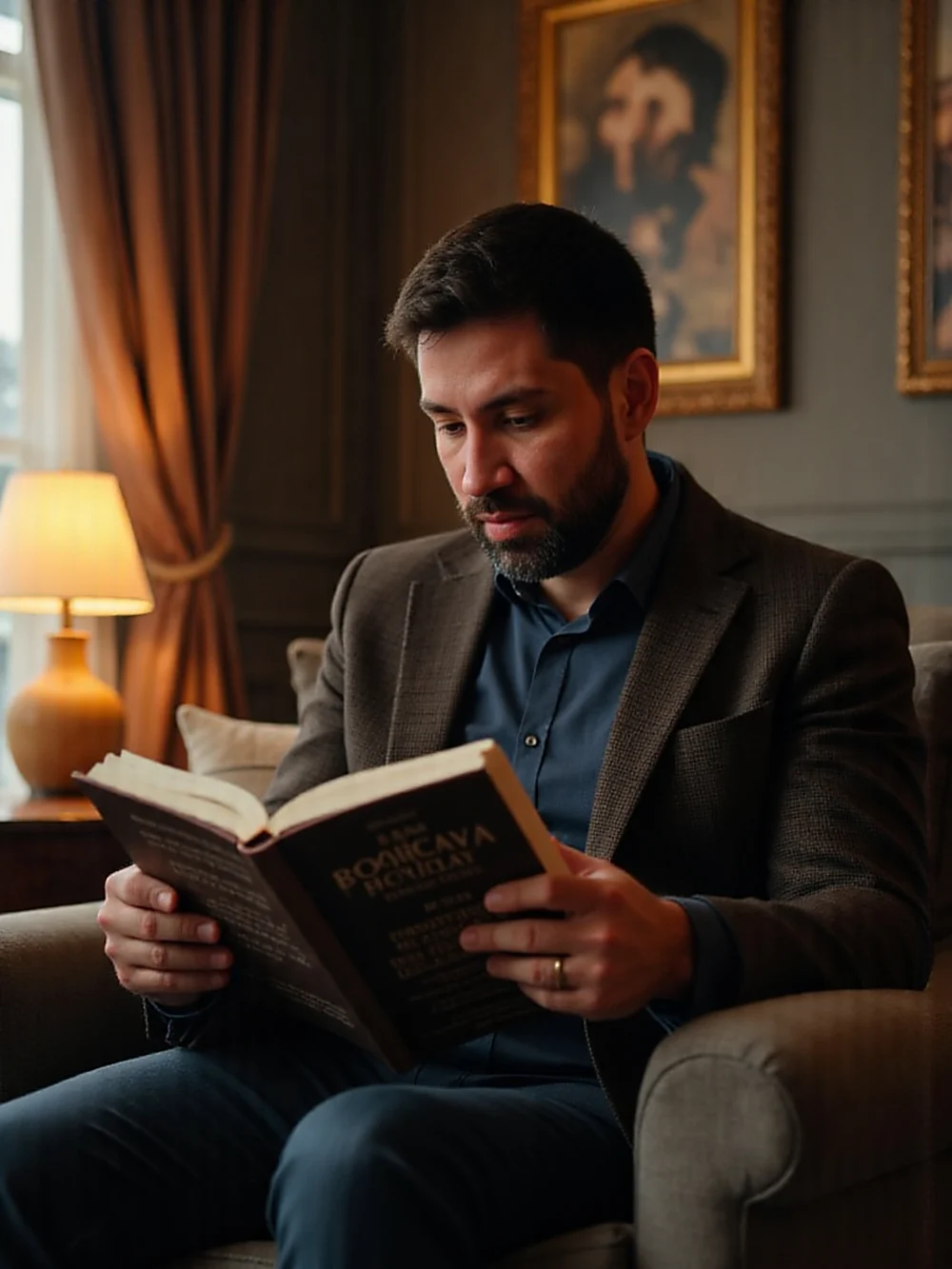 Dr. Ren Silva reading in an armchair beside a lamp and a wall of books.